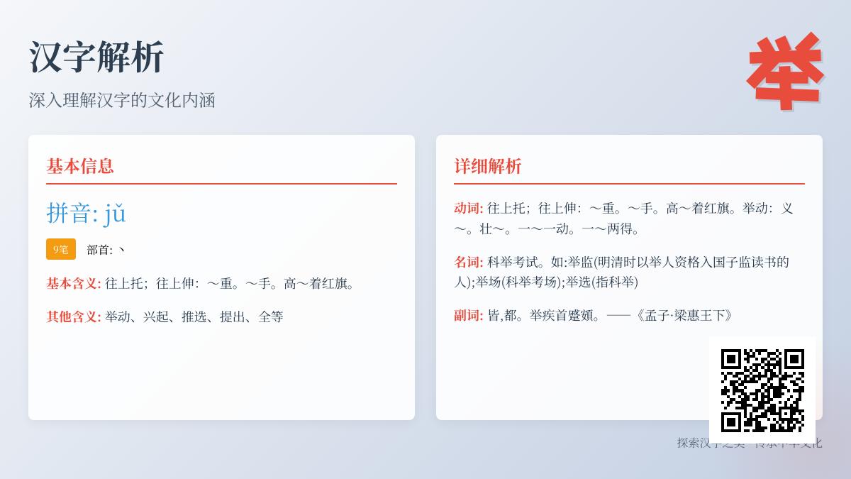 掌握汉字”举”的9种含义、10个成语及正确拼音写法