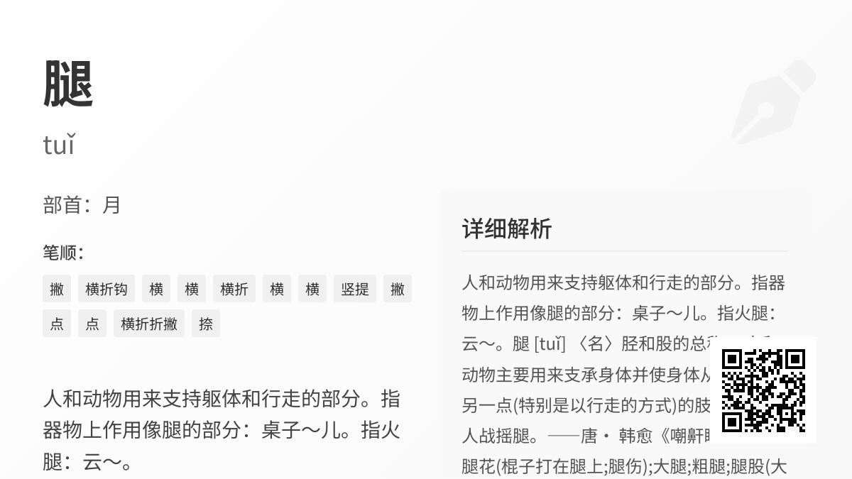 掌握腿的拼音tuǐ正确发音 了解13笔汉字结构与月字旁部首解析