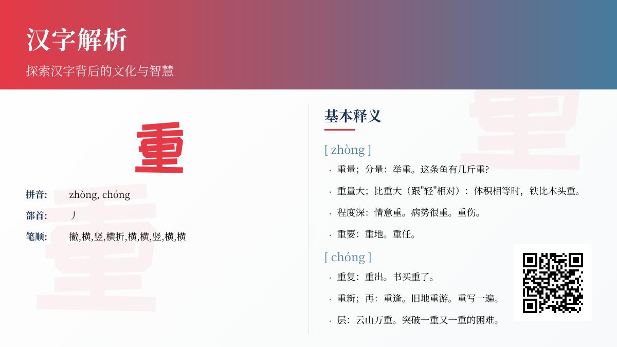 汉字”重”的2种正确读音是什么 多音字用法解析与常见组词示例