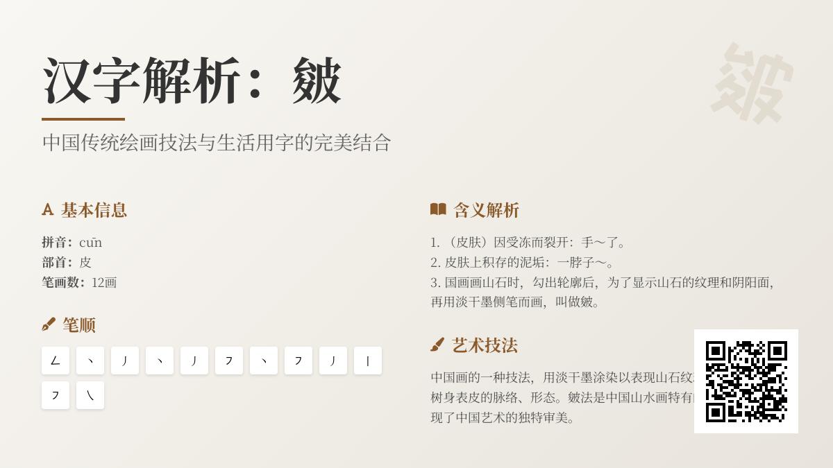 汉字”皴”的正确读音与3大含义解析 从皮肤皲裂到国画技法全面解读