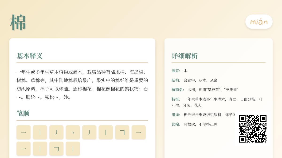 掌握棉的拼音mián和12笔正确写法 了解汉字棉的部首含义与组词造句技巧
