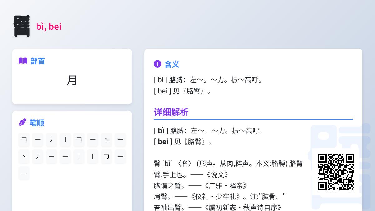 臂的正确拼音是什么 解析bì和bei两种读音及17画笔顺技巧